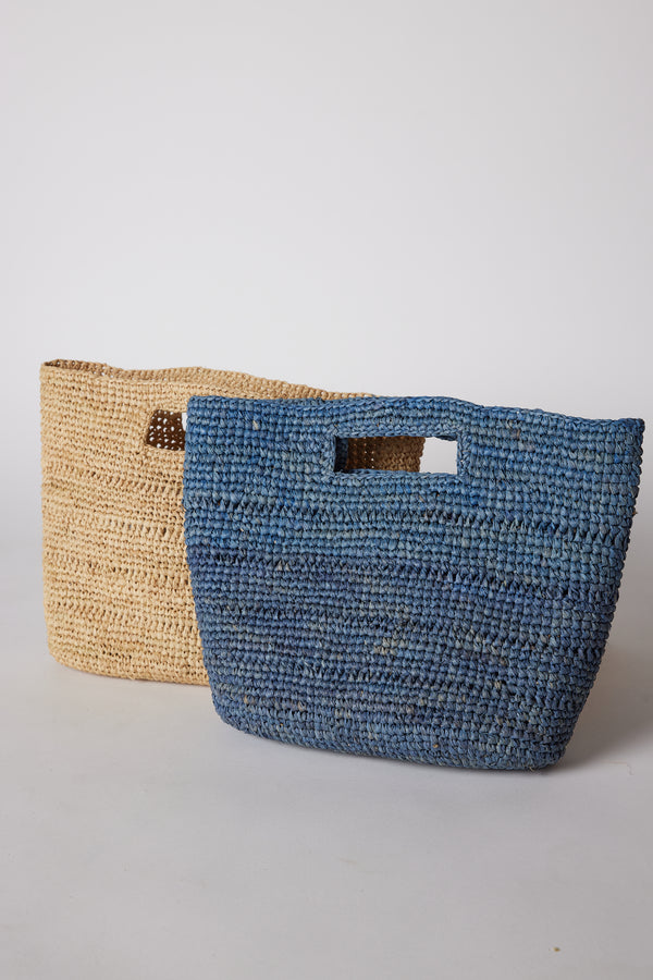 Tan straw bag and blue straw bag