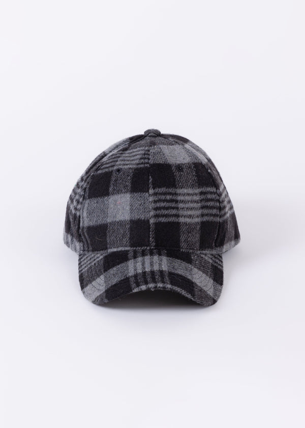Front view of black and grey plaid baseball cap