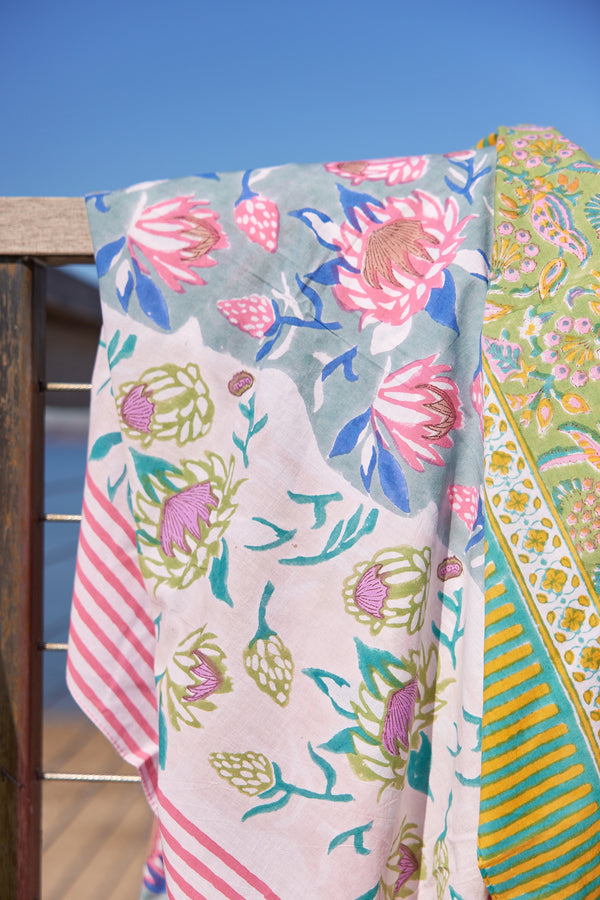 Blue and pink floral beach blanket