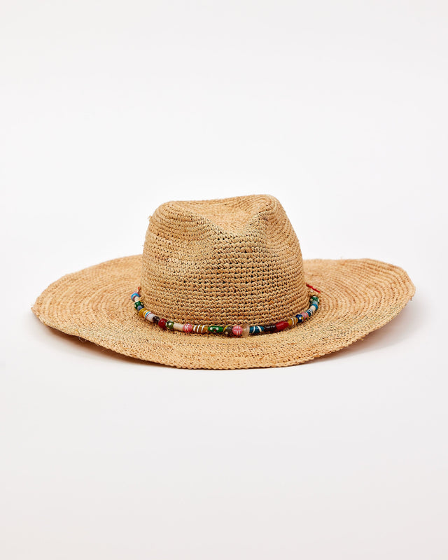 Straw hat with a colorful bead band on a white background