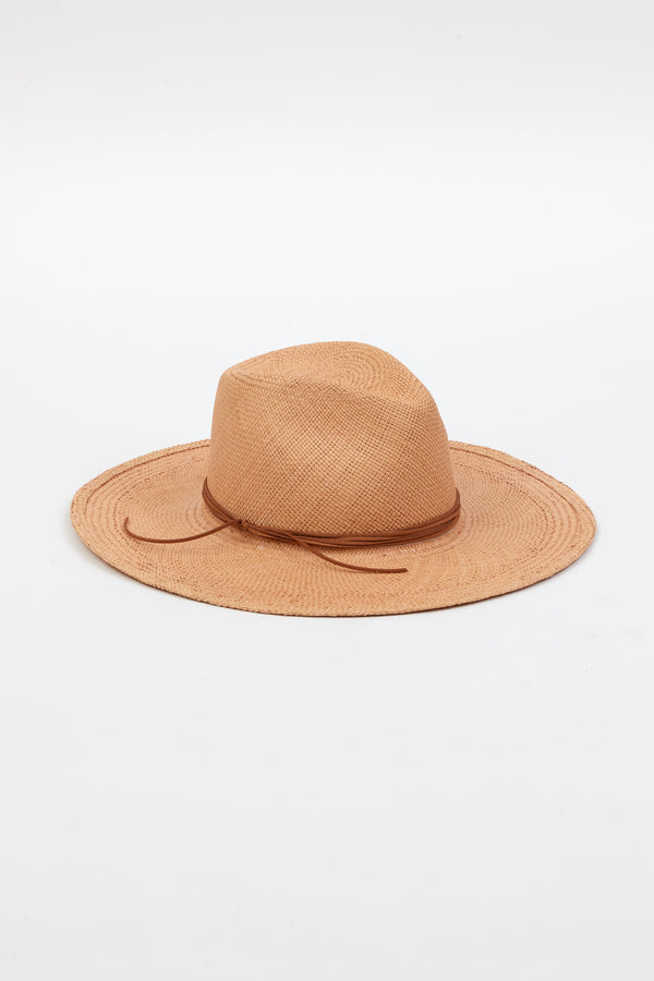3/4 angle of dark tan brimmed sunhat with brown trim