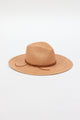 3/4 angle of dark tan brimmed sunhat with brown trim