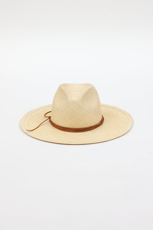 tan brimmed sunhat with brown trim