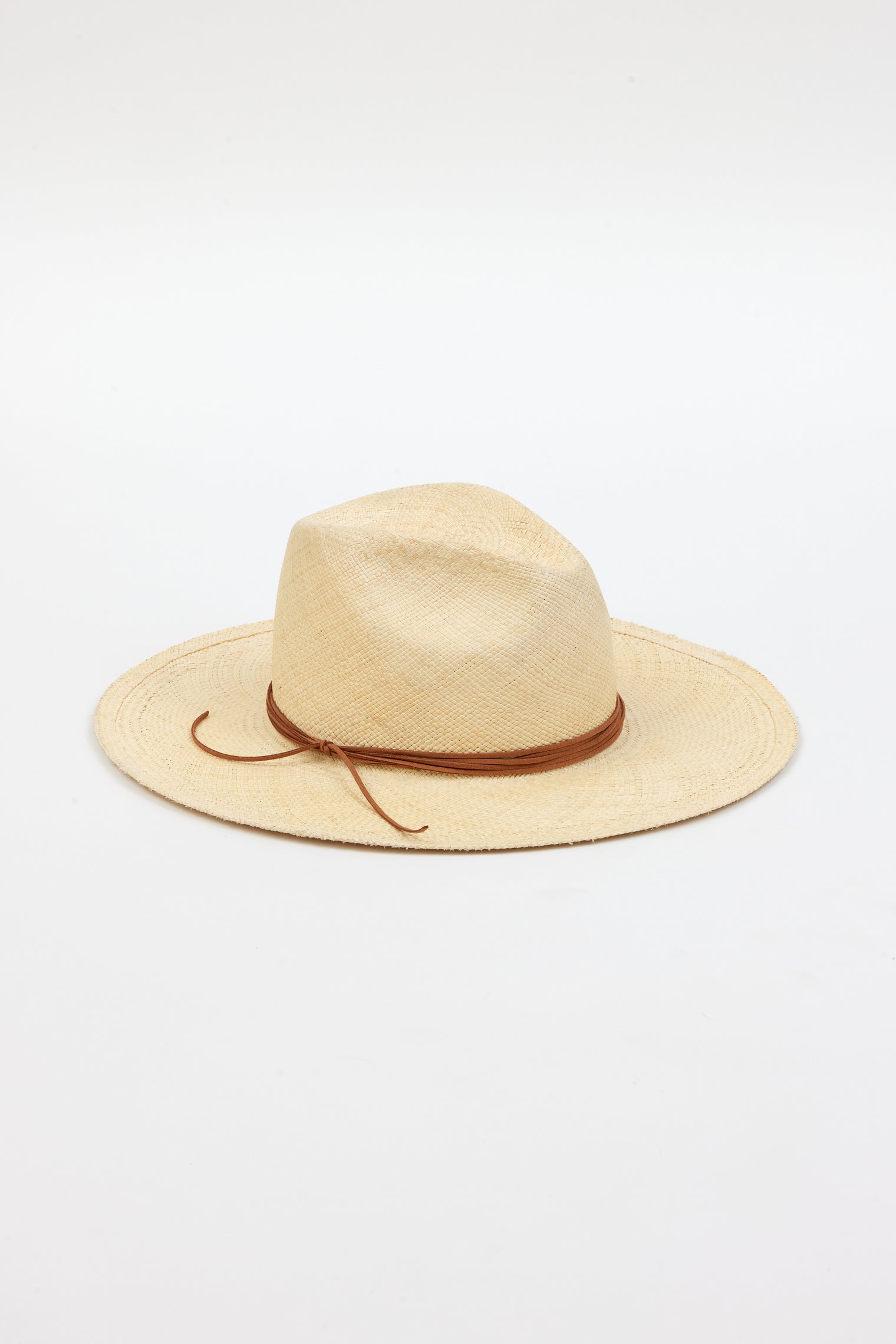 3/4 angle of tan brimmed sunhat with brown trim