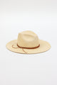 3/4 angle of tan brimmed sunhat with brown trim