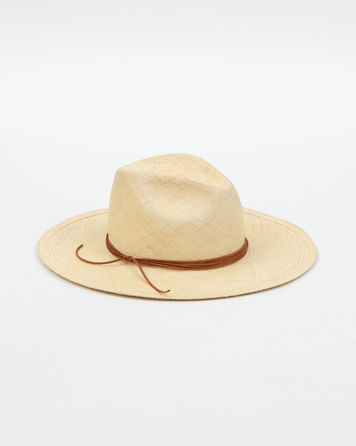 3/4 angle of tan brimmed sunhat with brown trim