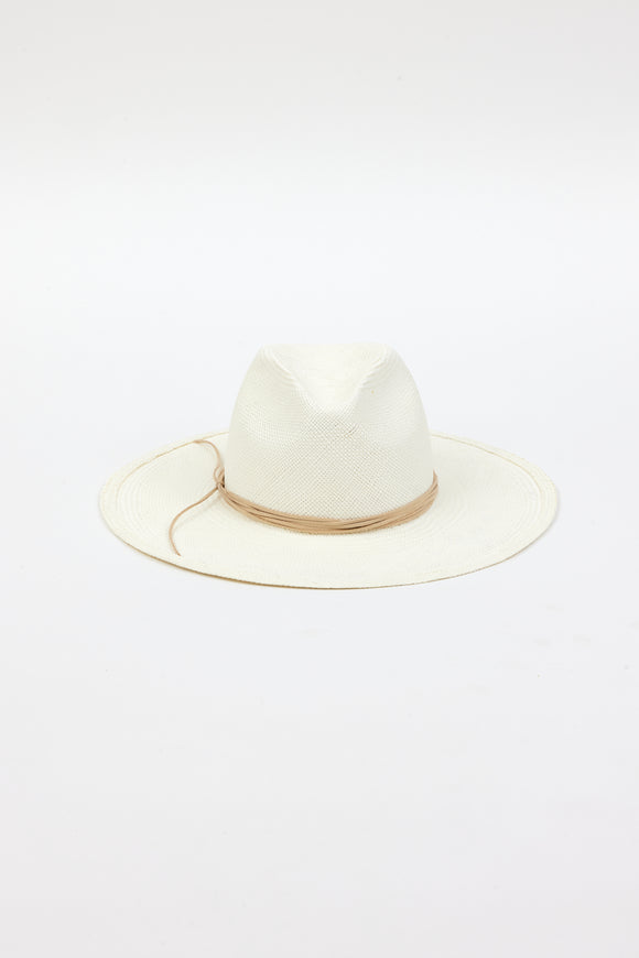 white brimmed sunhat with tan trim