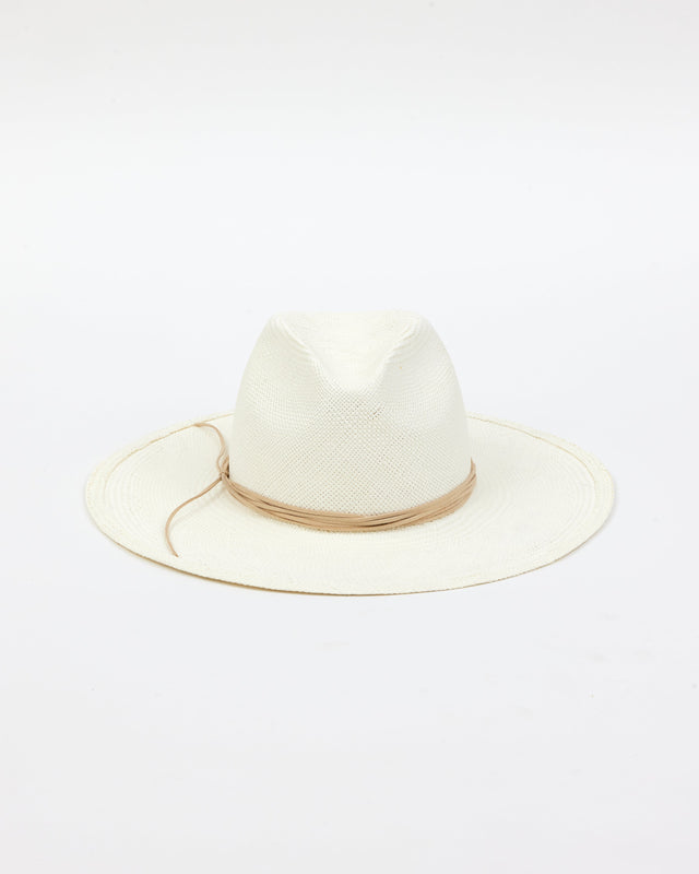 white brimmed sunhat with tan trim