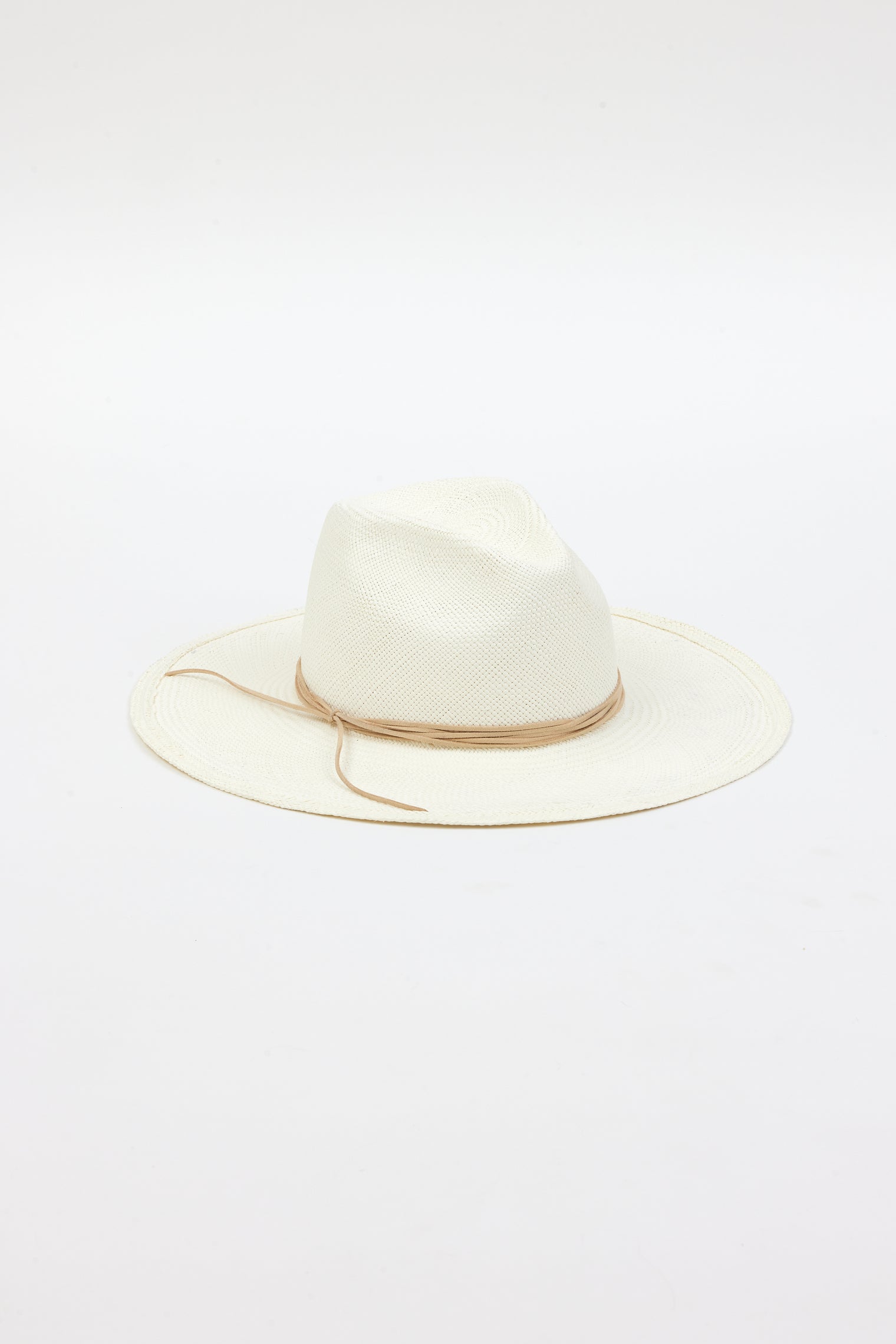 3/4 angle of white brimmed sunhat with tan trim