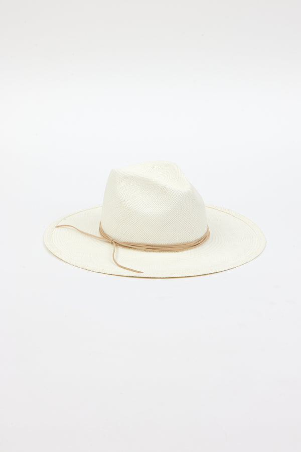 3/4 angle of white brimmed sunhat with tan trim