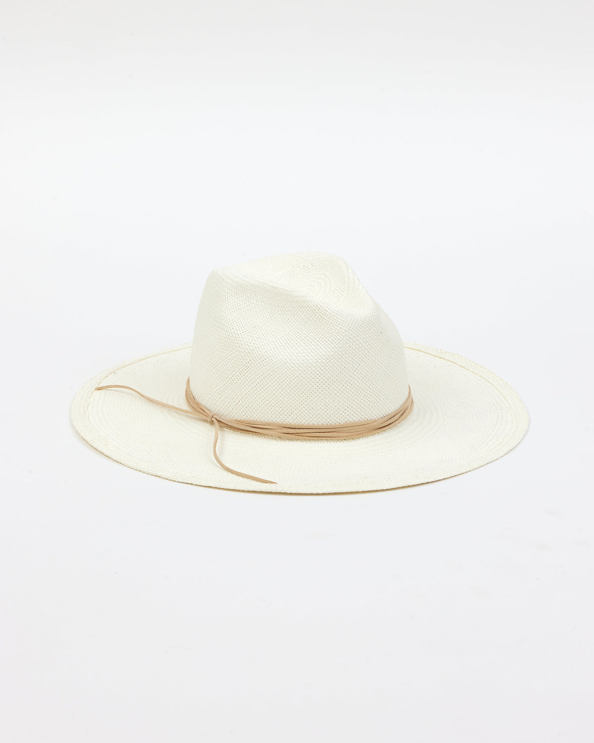 3/4 angle of white brimmed sunhat with tan trim