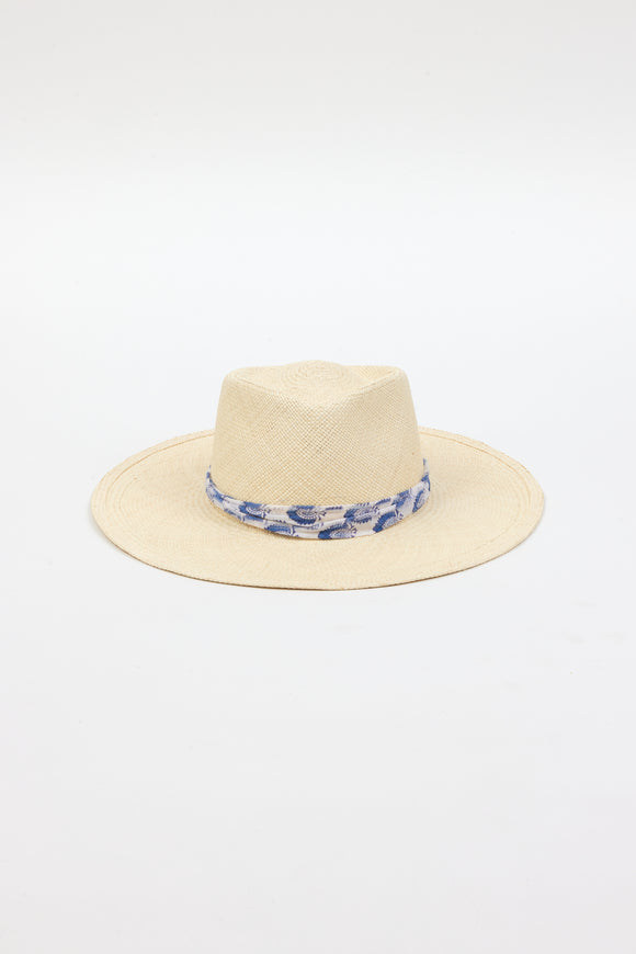 Panama hat with blue and white fabric trim