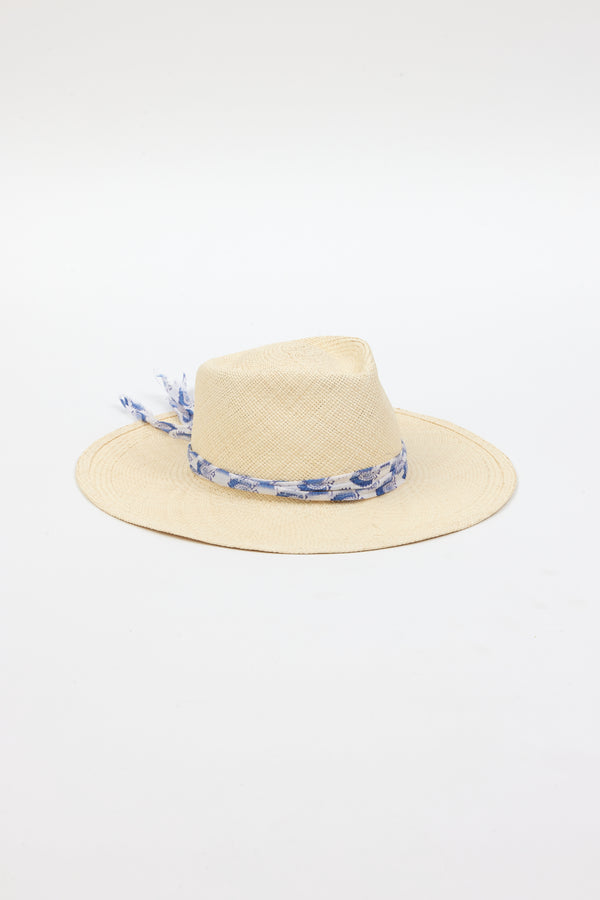 3/4 angle of Panama hat with blue and white fabric trim