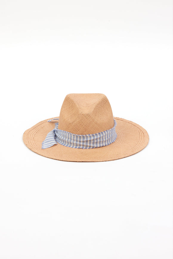 pecan brown panama hat with chambray stripe trim