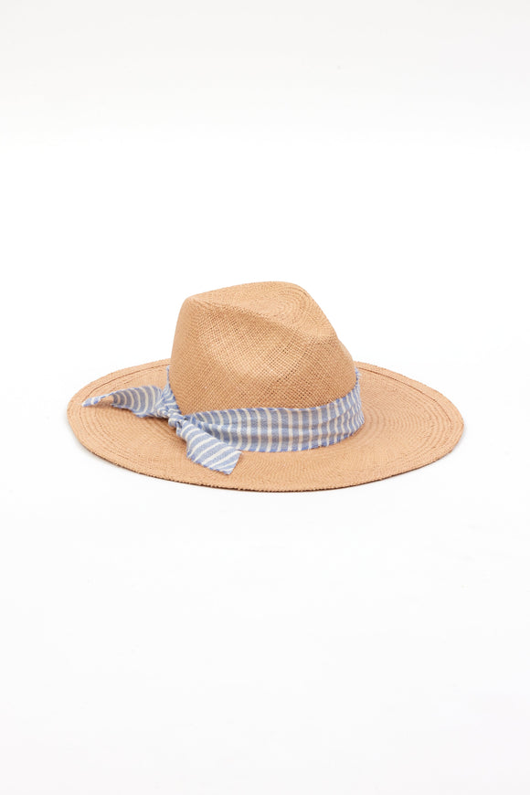 3/4 angle of pecan brown panama hat with chambray stripe trim