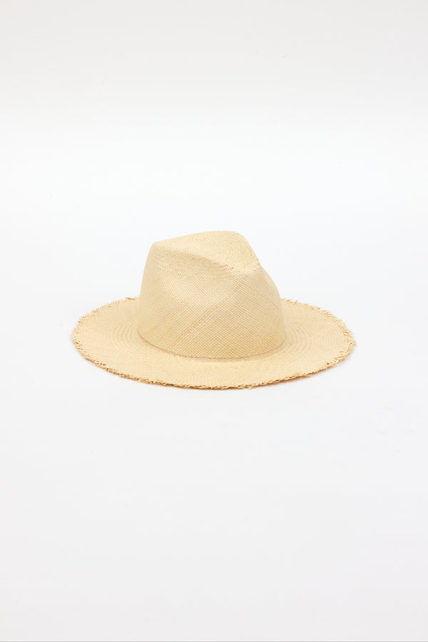 3/4 angle of light tan fringed panama hat