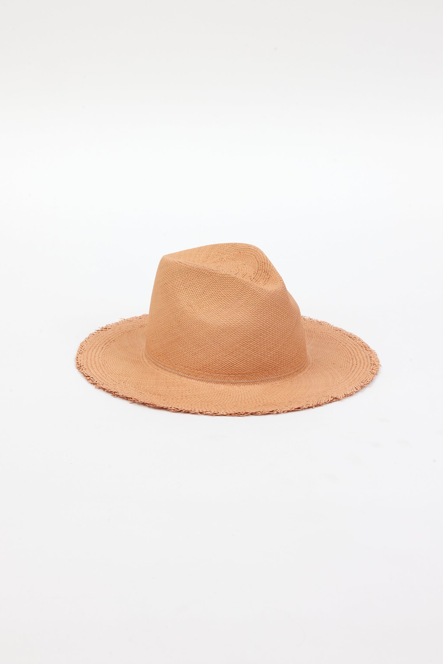 3/4 angle of pecan brown fringed panama hat
