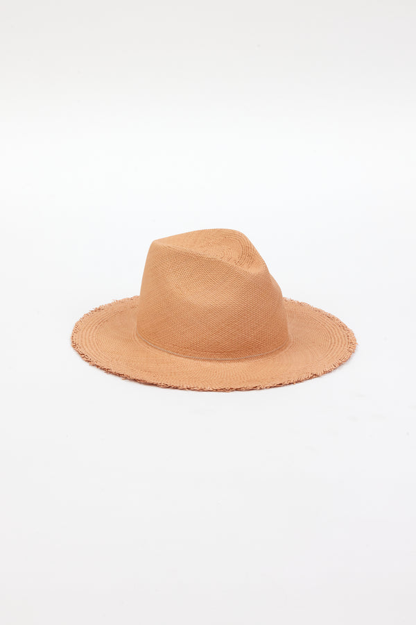 3/4 angle of pecan brown fringed panama hat