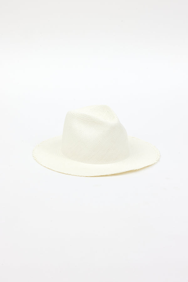 3/4 angle of white fringed panama hat