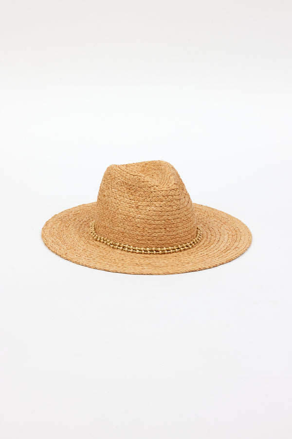 3/4 angle of braided raffia sunhat with gold trim