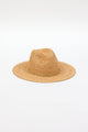 3/4 angle of braided raffia sunhat with gold trim