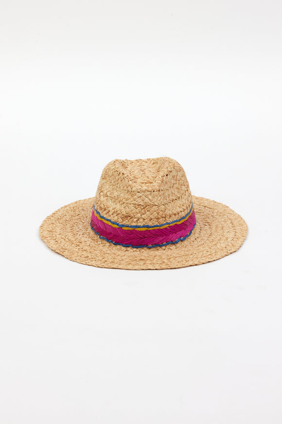 Braided raffia sunhat with pink, yellow and blue trim