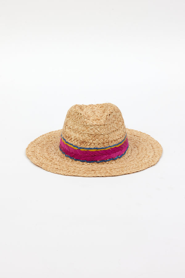 Braided raffia sunhat with pink, yellow and blue trim