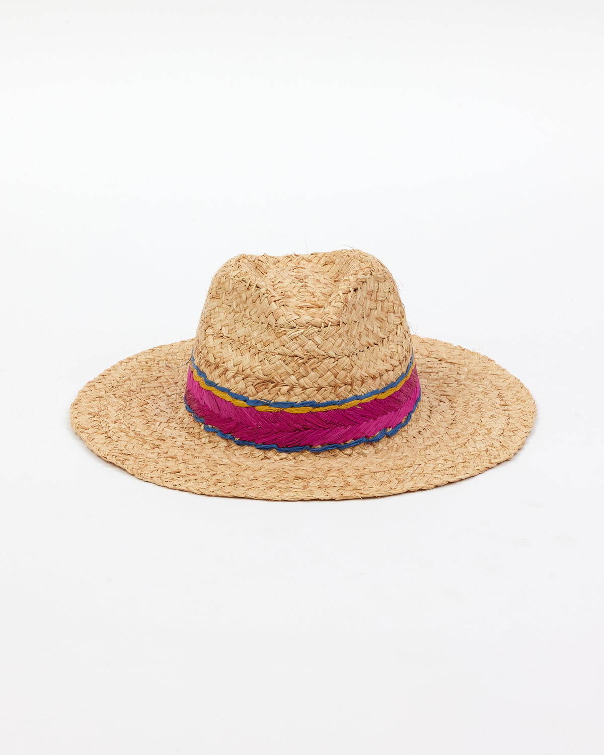 Braided raffia sunhat with pink, yellow and blue trim