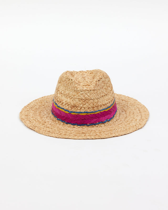 Braided raffia sunhat with pink, yellow and blue trim