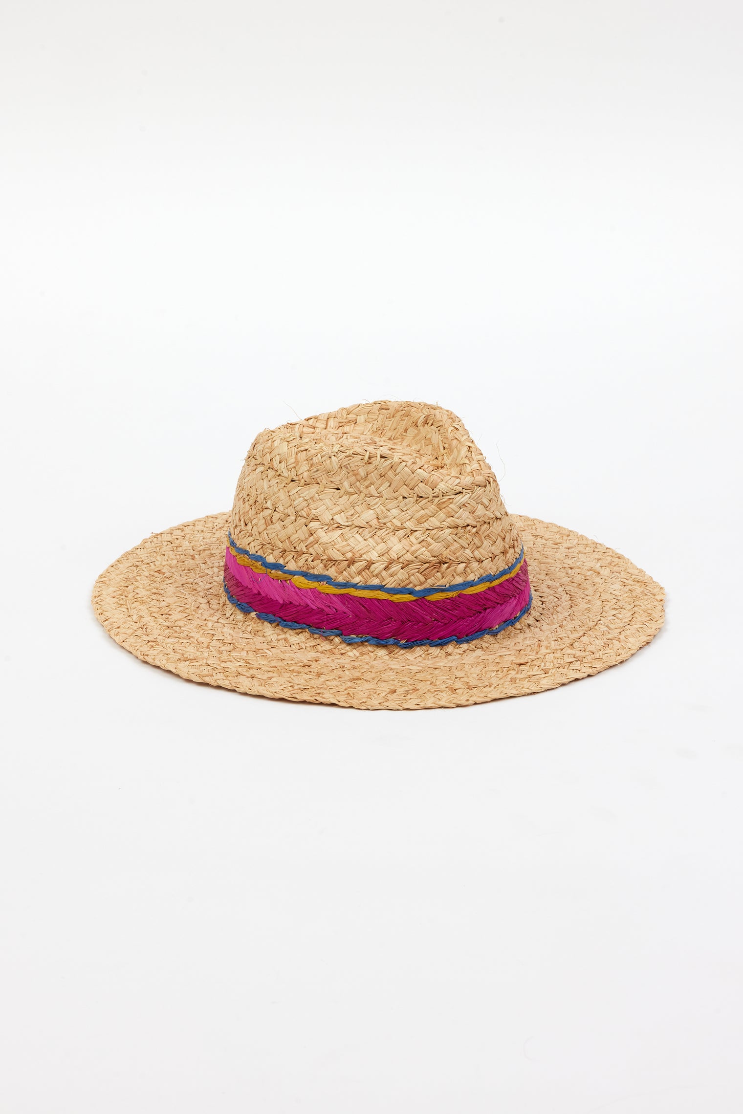 3/4 angle of braided raffia sunhat with pink, yellow and blue trim