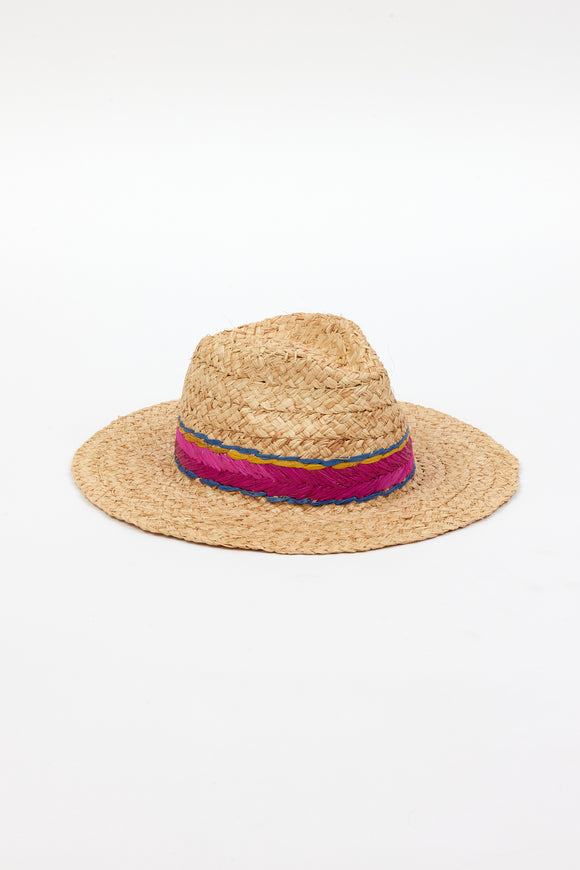 3/4 angle of braided raffia sunhat with pink, yellow and blue trim