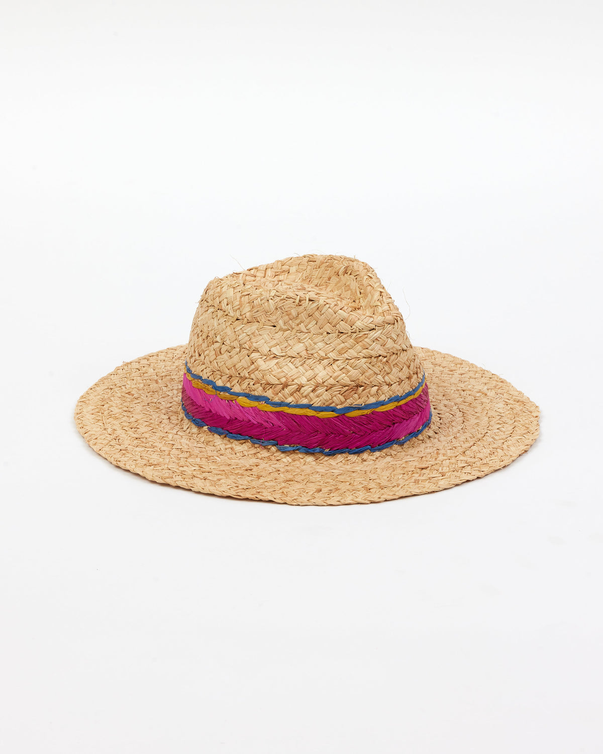3/4 angle of braided raffia sunhat with pink, yellow and blue trim