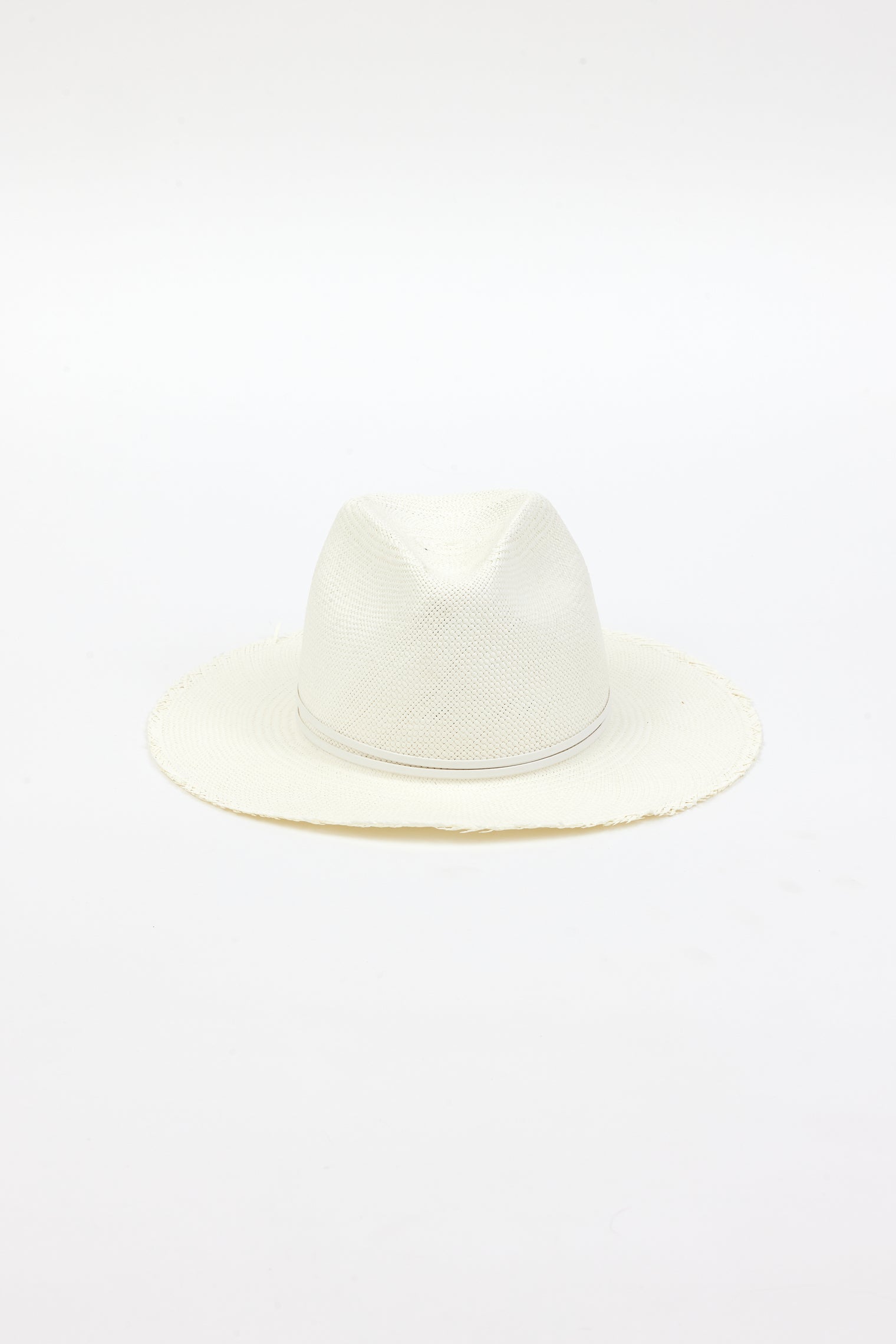 front of white fringed panama hat with white trim