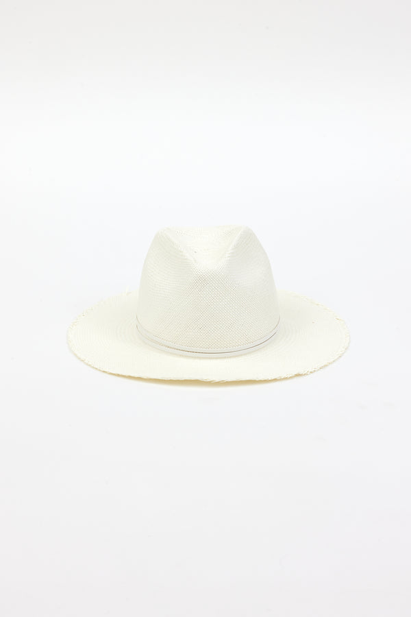front of white fringed panama hat with white trim