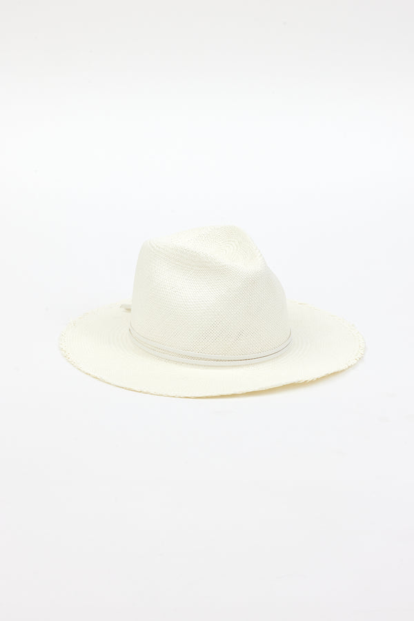 3/4 angle of white fringed panama hat with white trim