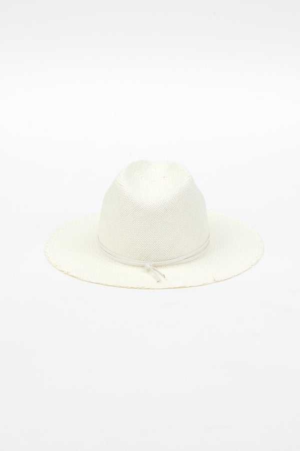 back of white fringed panama hat with white trim