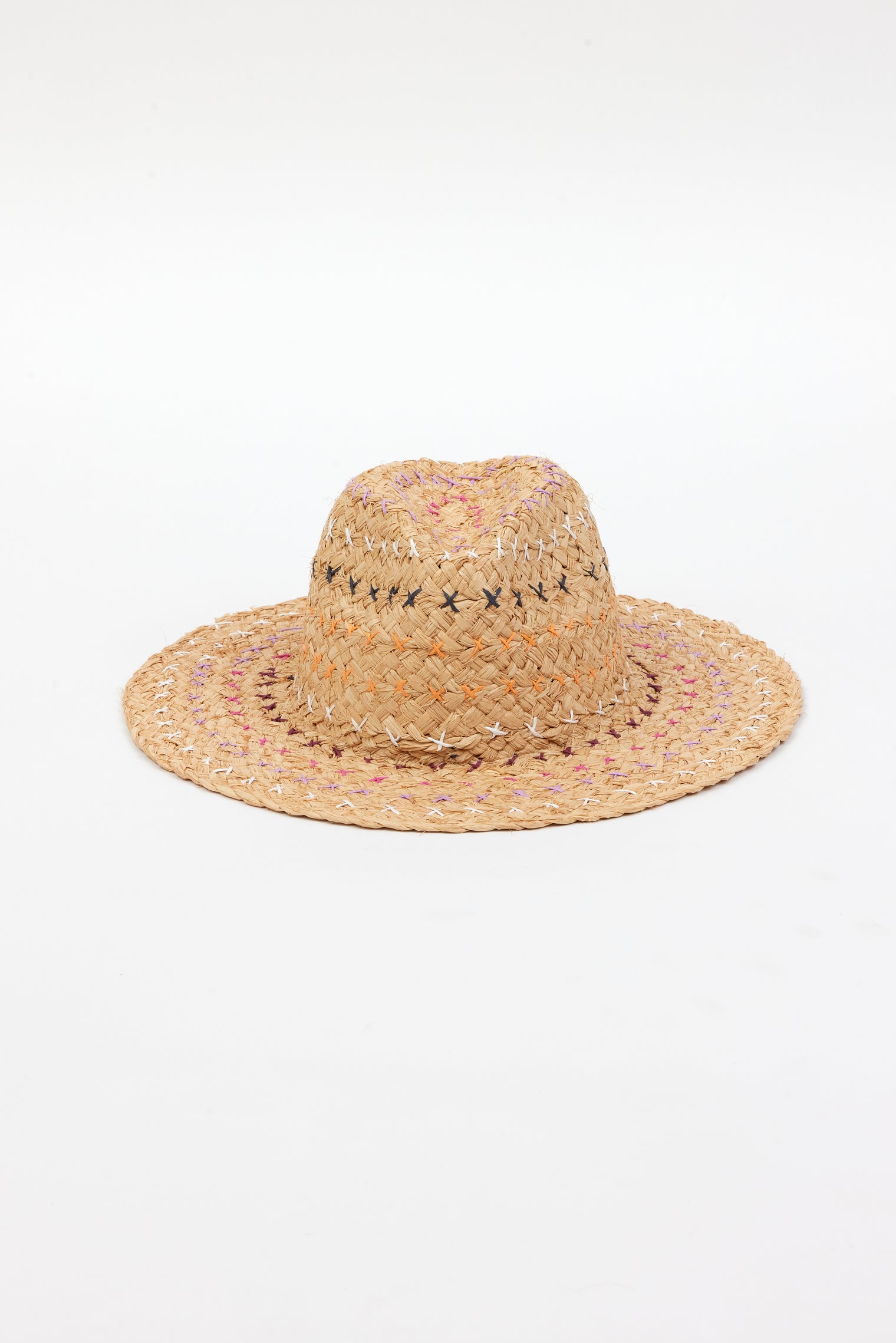tan woven straw sunhat with colorful stitching