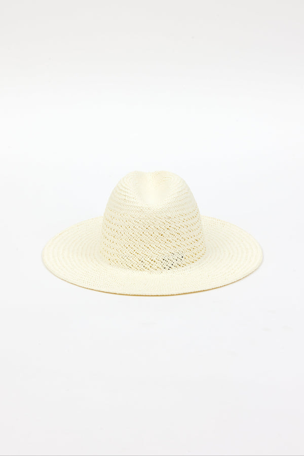 Back of perforated and vented packable hat in bleach