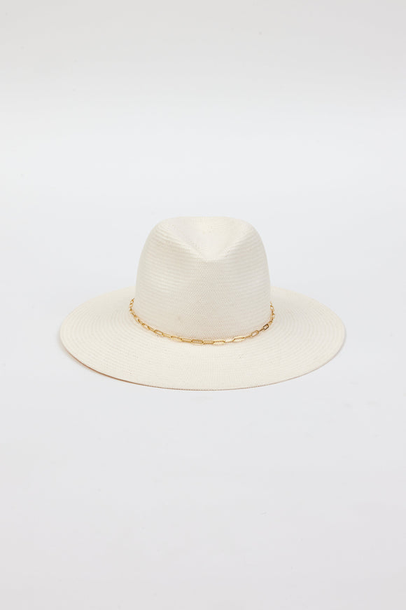 Front angle of white brimmed hat with gold trim