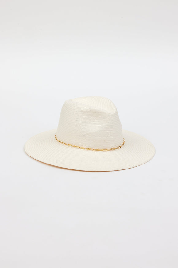 White brimmed hat with gold trim