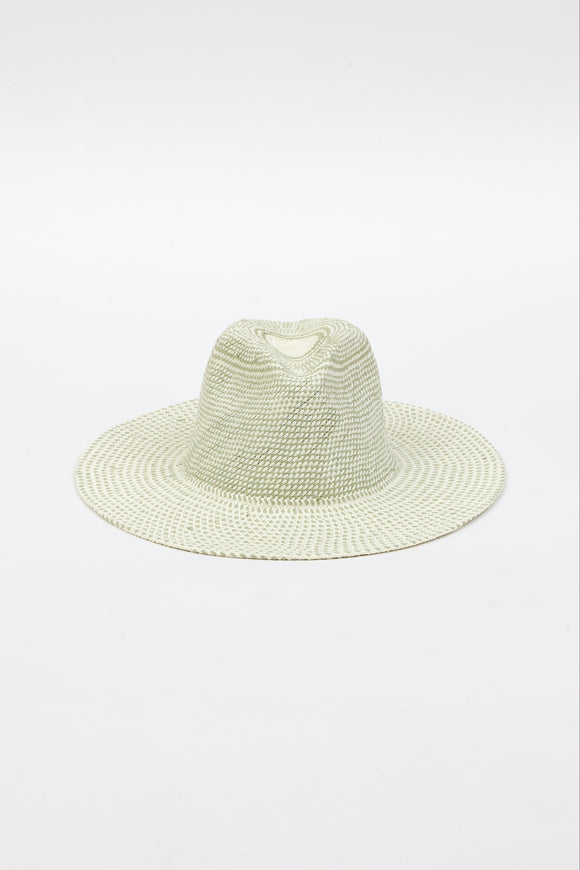 Front angle of mint and natural colored pattern brimmed sun hat