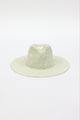 Front angle of mint and natural colored pattern brimmed sun hat