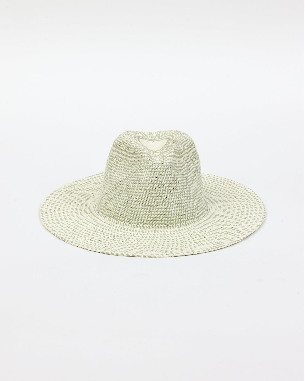 Front angle of mint and natural colored pattern brimmed sun hat