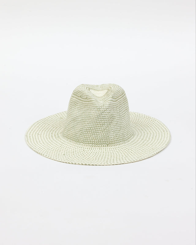 Front angle of mint and natural colored pattern brimmed sun hat