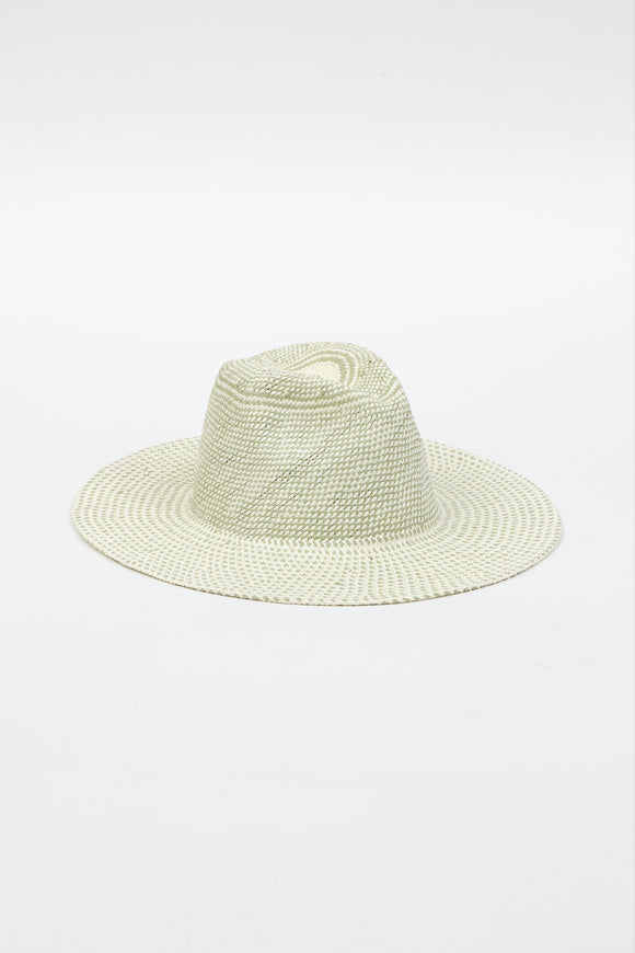 3/4 angle of mint and natural colored pattern brimmed sun hat