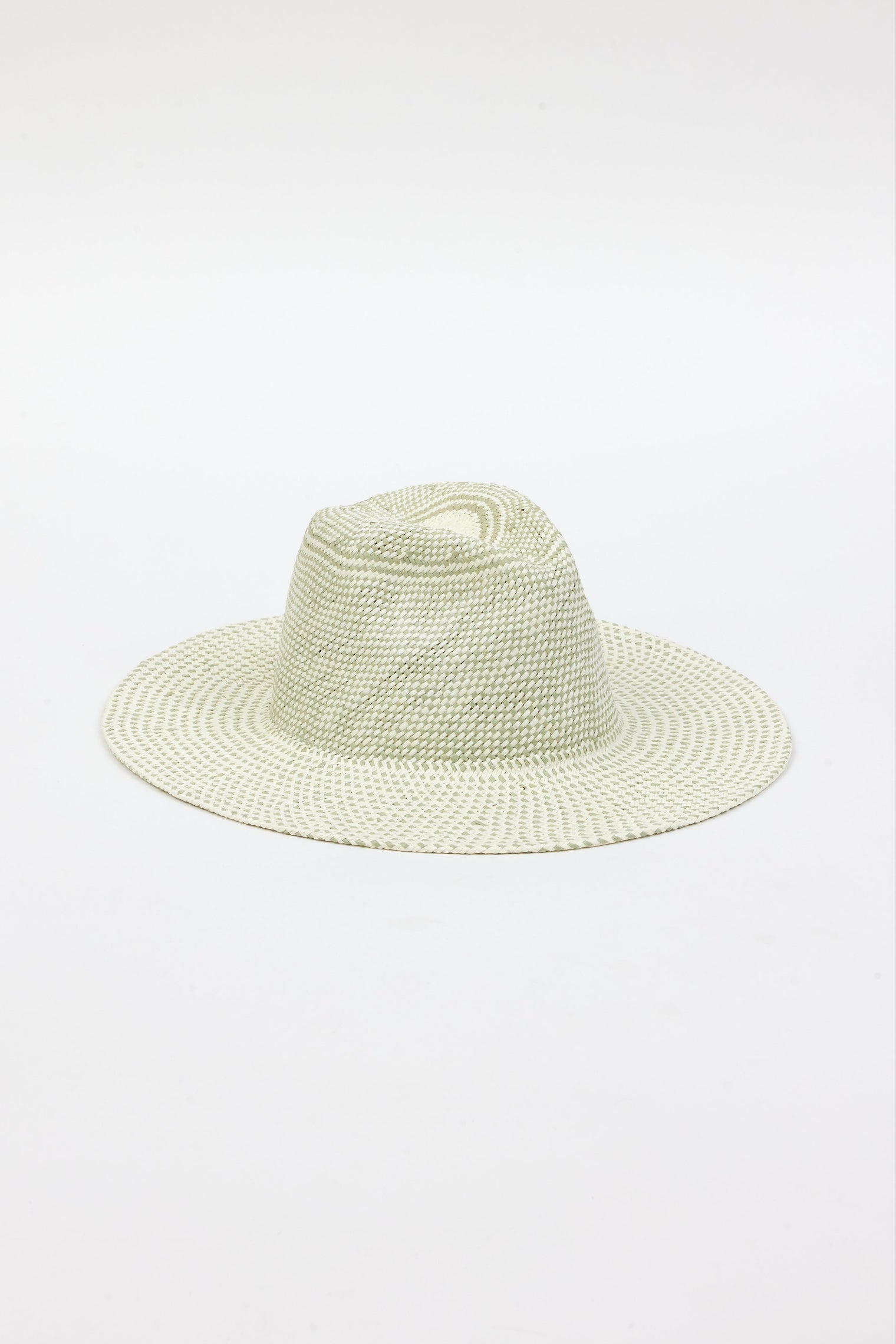 3/4 angle of mint and natural colored pattern brimmed sun hat