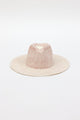 Front angle of pink and natural colored brimmed straw sun hat