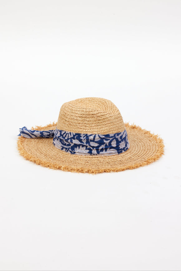 braided raffia sunhat with royal blue floral trim