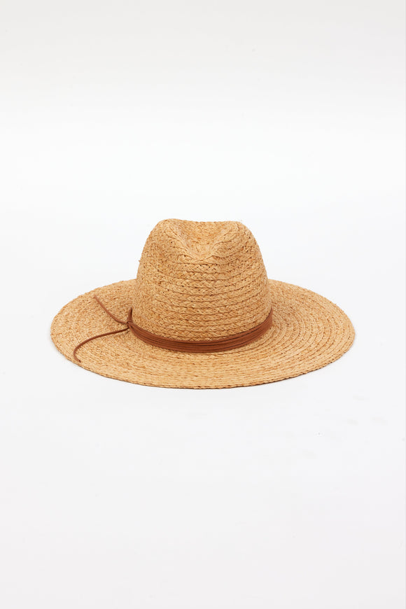 front of braided raffia sunhat with brown trim