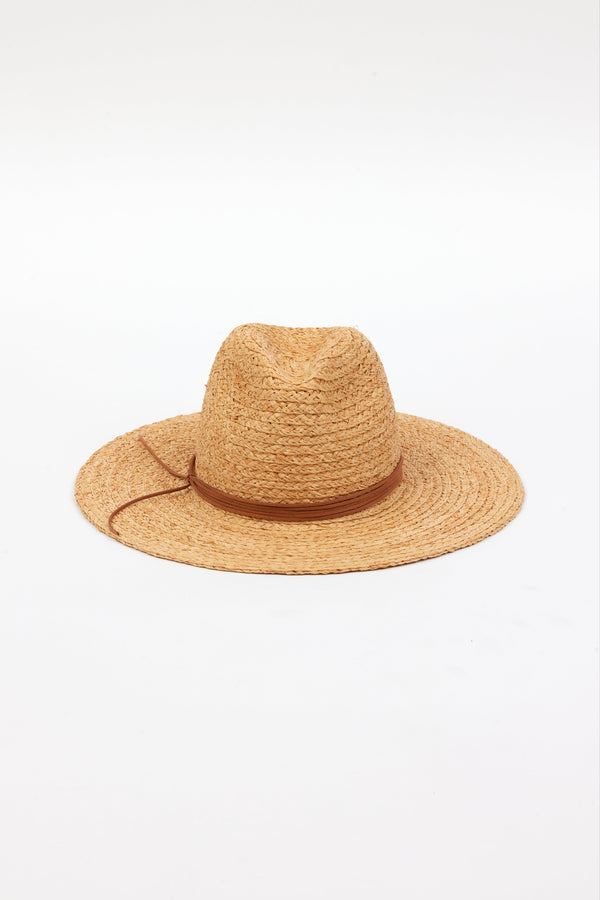 front of braided raffia sunhat with brown trim
